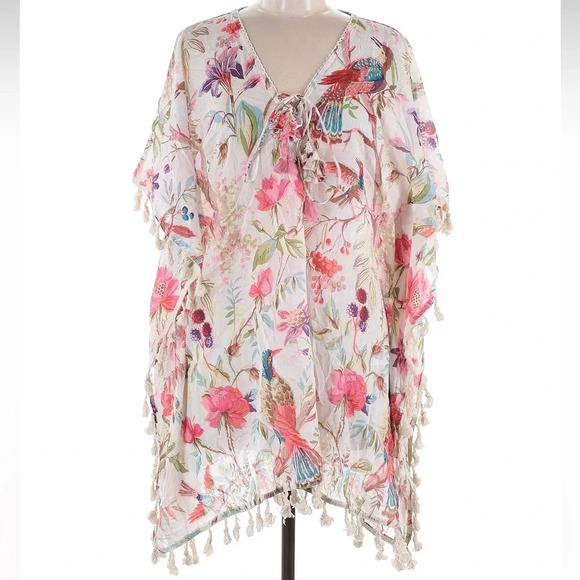 Z & L Beach Tropical Floral Bird Tassel Fringe Kimono Swim Cover Up Size M L NWT - Picture 1 of 9